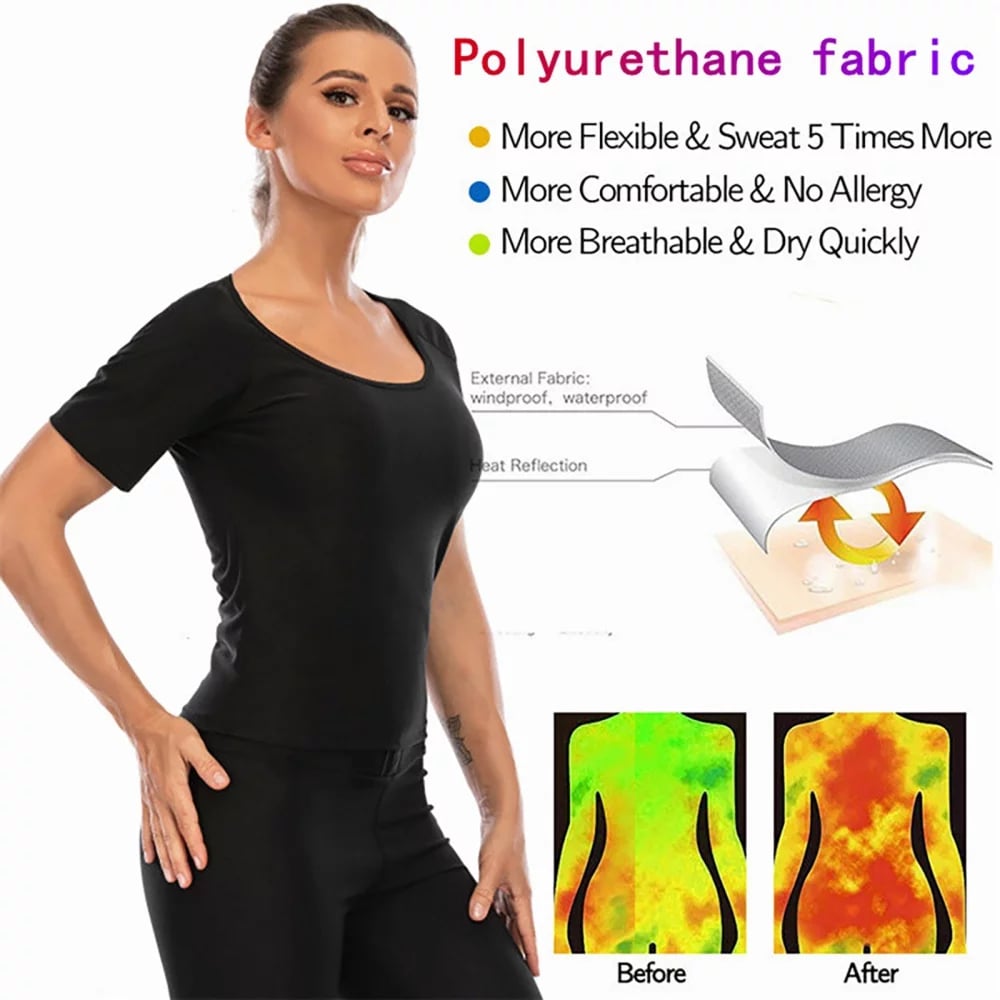 Sauna T-Shirt for Women Sweat Top Weight Loss Slimming Short Sleeve Body Shaper Fat Burner Gym 