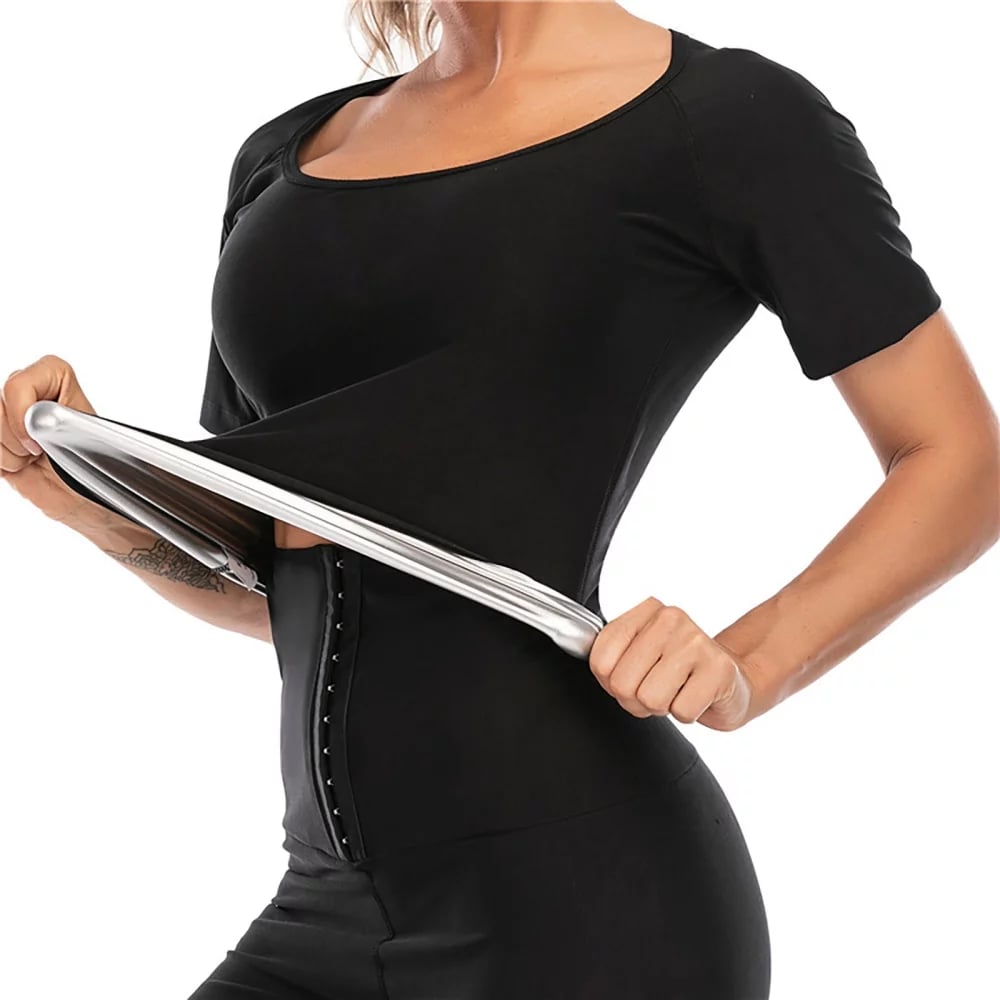 Sauna T-Shirt for Women Sweat Top Weight Loss Slimming Short Sleeve Body Shaper Fat Burner Gym