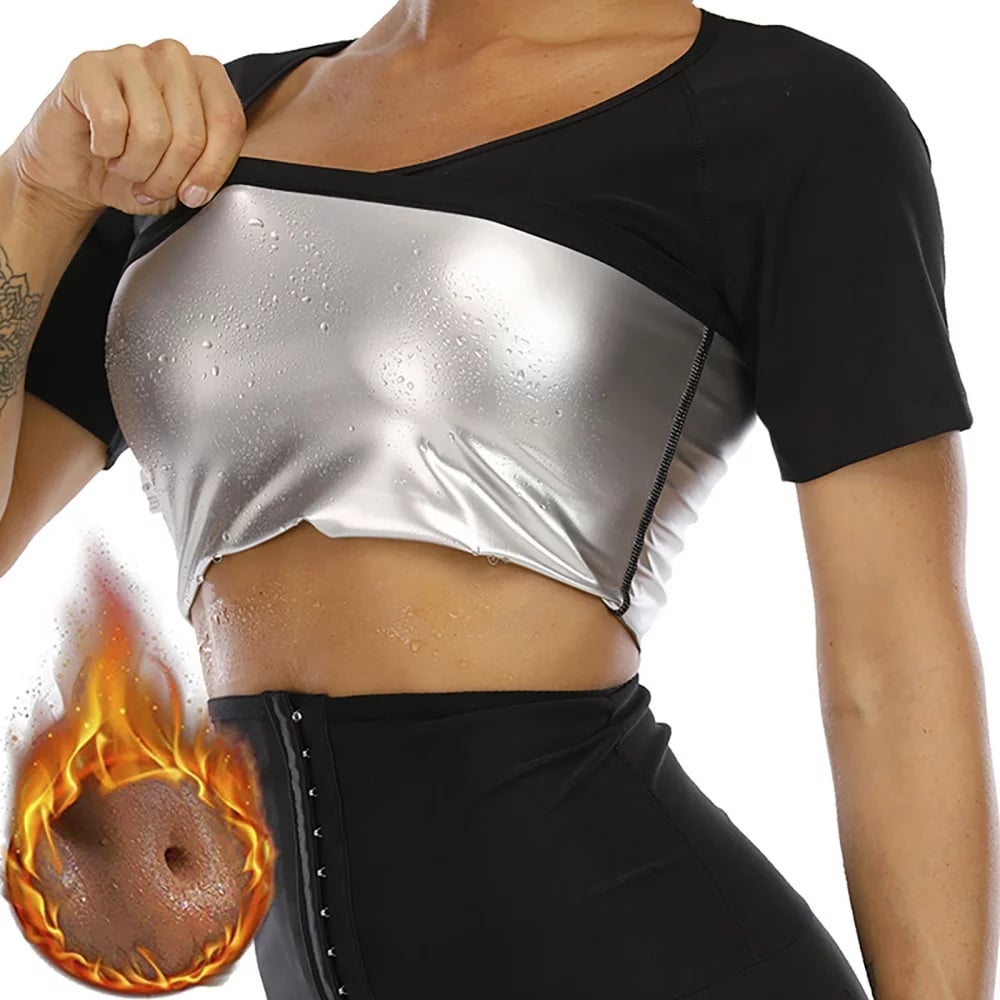 Sauna T-Shirt for Women Sweat Top Weight Loss Slimming Short Sleeve Body Shaper Fat Burner Gym 