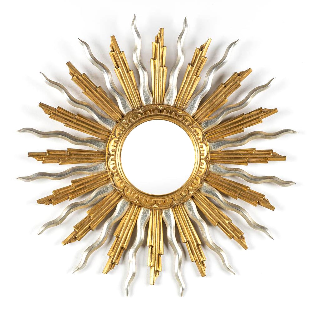 Image of Beautiful Gold and Silver mid-Century Giltwood Vintage Sunburst Mirror