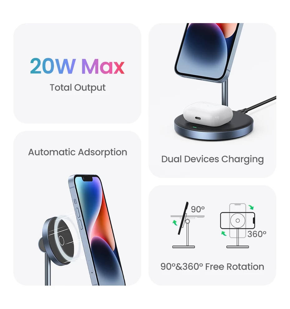 Magnetic Wireless Charger Stand 20W Max 2-in-1 For iPhone 12 13 14 15 Pro Max Airbods Fast Charge  