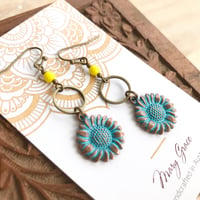 Image 4 of Patina Sunflower Dangle Earrings with Bronze Rings