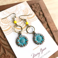 Image 3 of Patina Sunflower Dangle Earrings with Bronze Rings