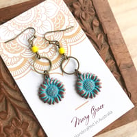 Image 1 of Patina Sunflower Dangle Earrings with Bronze Rings