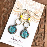 Image 2 of Patina Sunflower Dangle Earrings with Bronze Rings