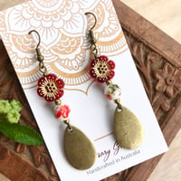 Image 2 of Resin Flowers , Porcelain Beads and Antique Gold Drop Dangle Earrings 