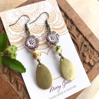 Image 1 of Resin Flowers , Porcelain Beads and Antique Gold Drop Dangle Earrings 