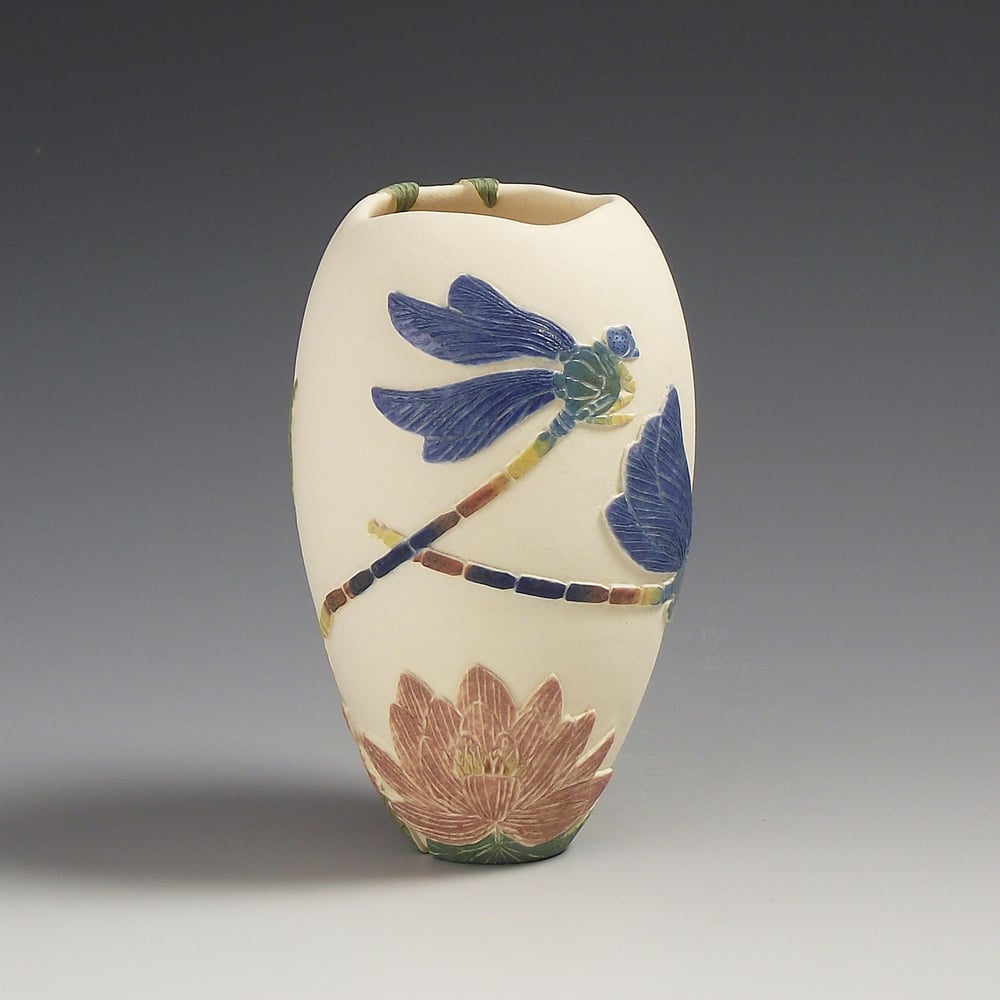 Image of Red tipped damselflies and water-lily sgraffito vessel  