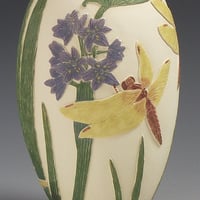 Image 2 of Scarlet Skimmer & water hyacinth open form sgraffito vessel  