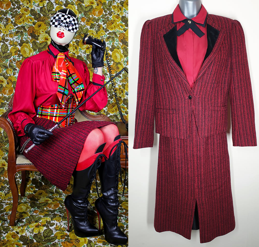 Vintage 1980's Burgundy Red & Black Wool Windsmoor Wool Skirt Suit Set
