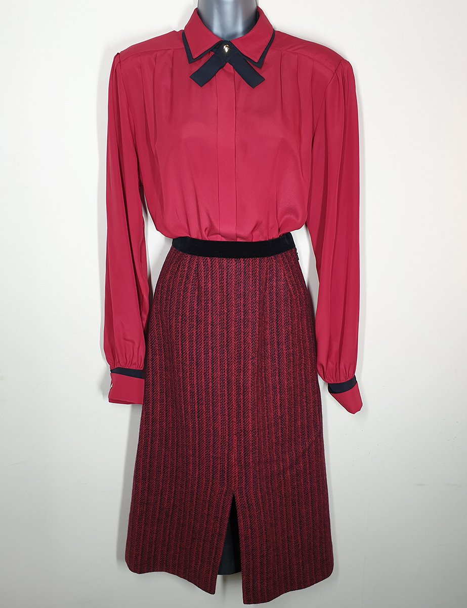 Vintage 1980's Burgundy Red & Black Wool Windsmoor Wool Skirt Suit Set