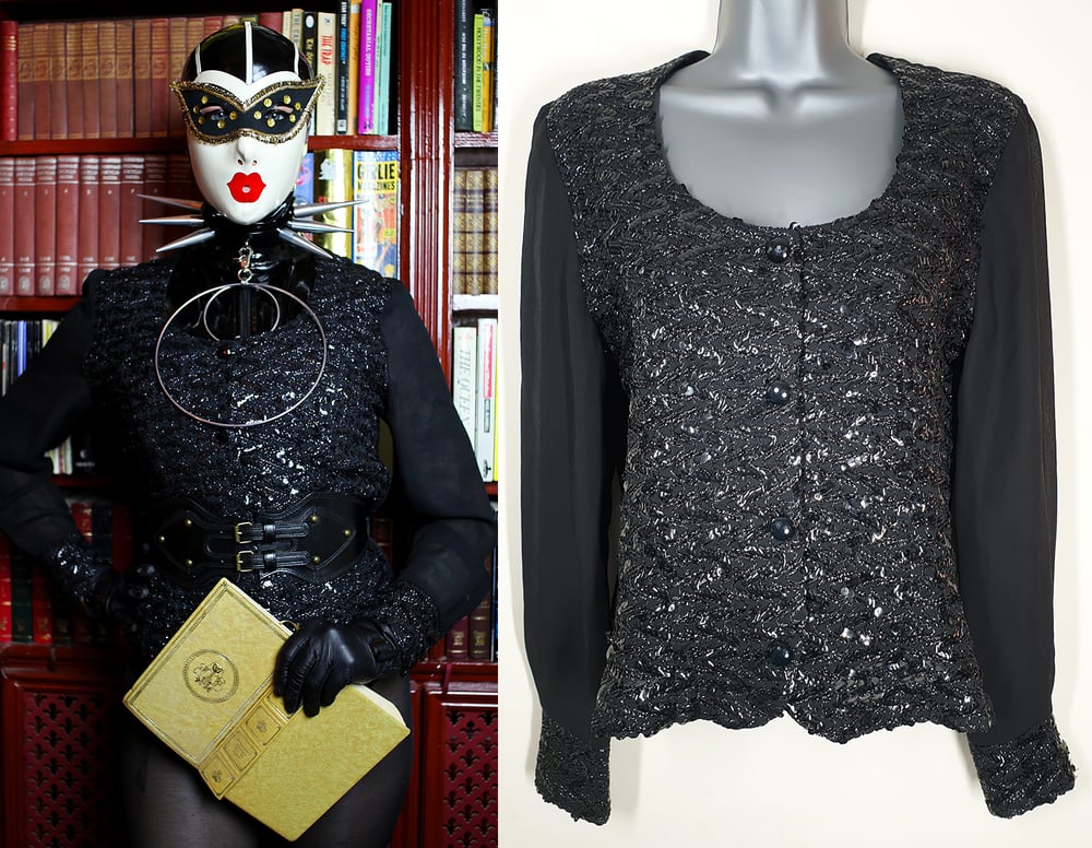 Vintage 1980's Black Sequin Embroidery + Sheer Sleeves Dorothy Perkins Blouse 