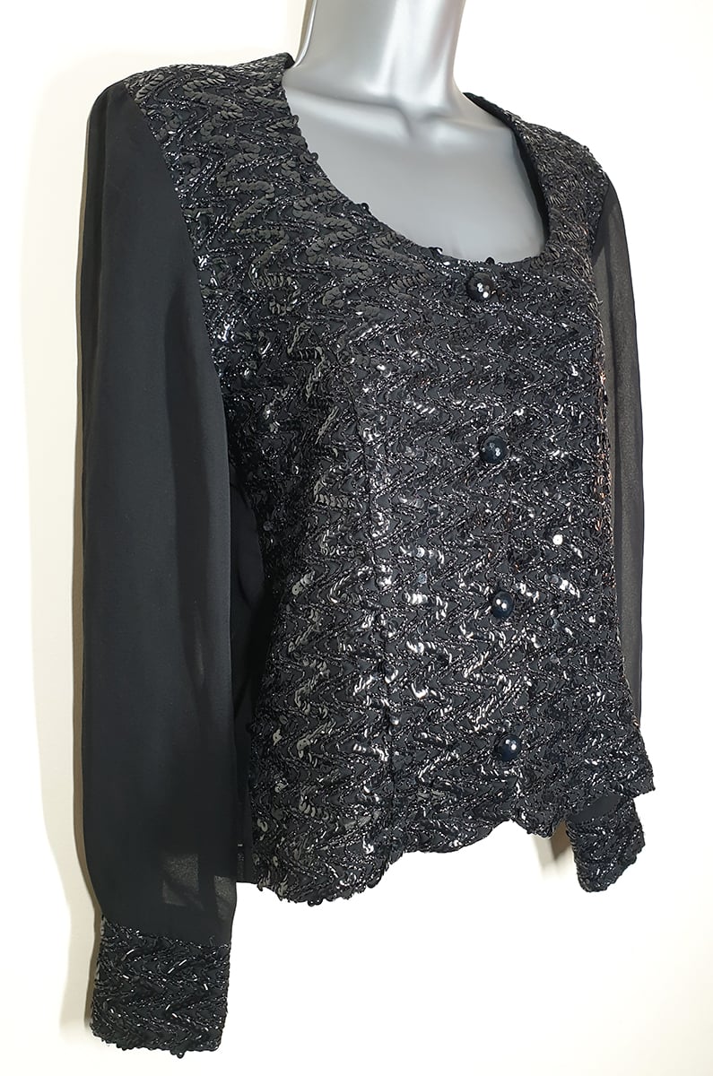 Vintage 1980's Black Sequin Embroidery + Sheer Sleeves Dorothy Perkins Blouse 