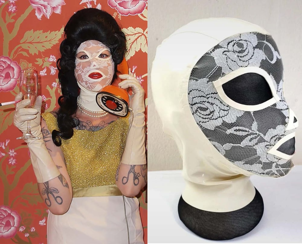 Latex Ivory & Stretch Lace Hood Mask by Jane Doe Size Small