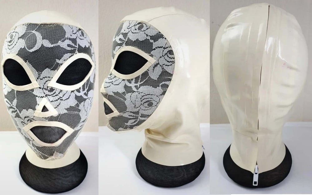 Latex Ivory & Stretch Lace Hood Mask by Jane Doe Size Small