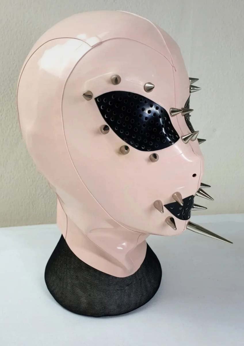 Light Pink & Black Spike Latex Hood Mask by Soft Skin Latex Rubber Size Small
