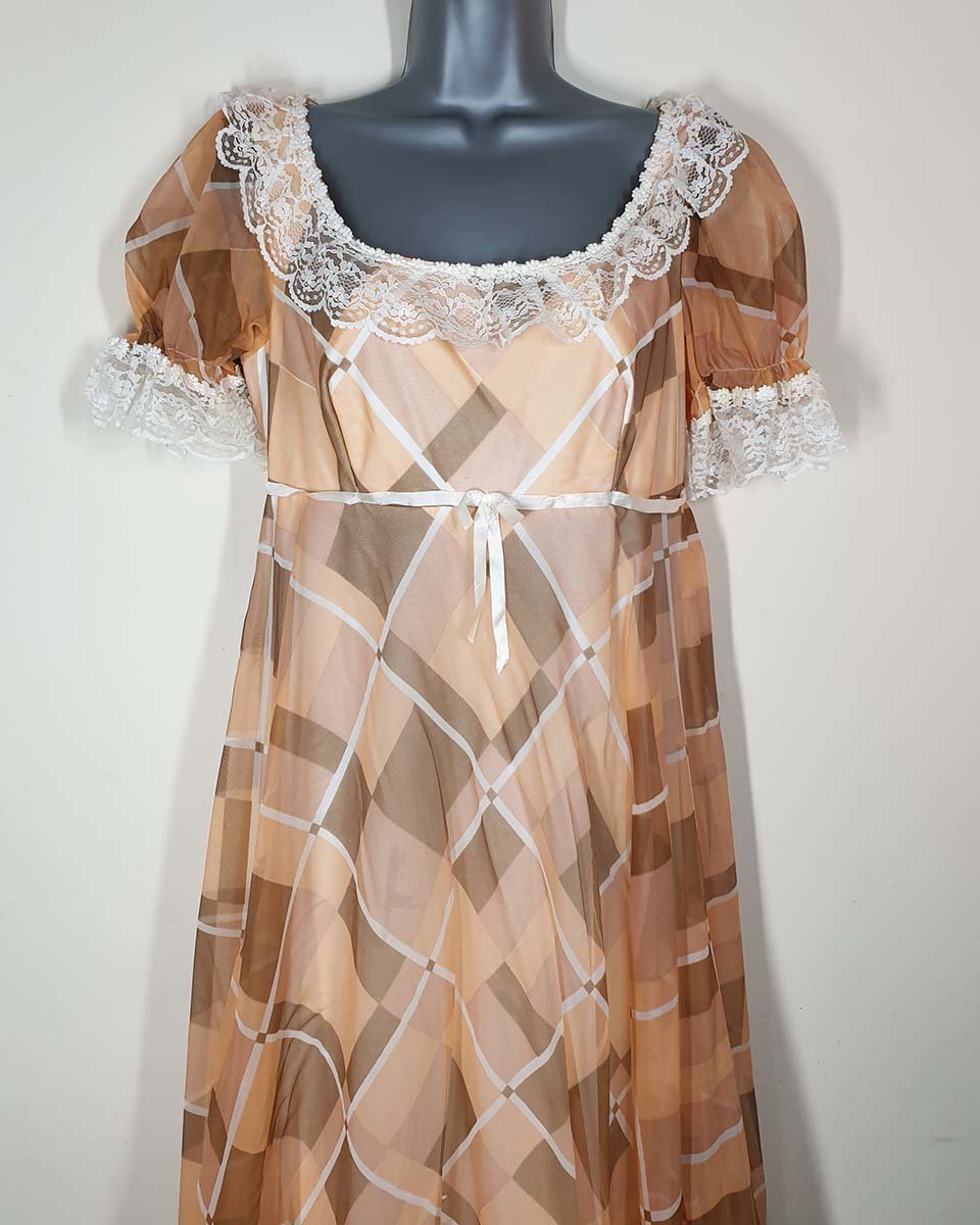 Vintage 1970's Plaid Regency Style Empire Waist Maxi Dress with Lace Trim 