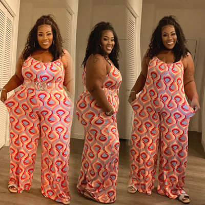 Image of 3PACK PLUS SIZE WIDE LEG MULTI PRINTED SPAGHETTI STRAP JUMPSUIT.