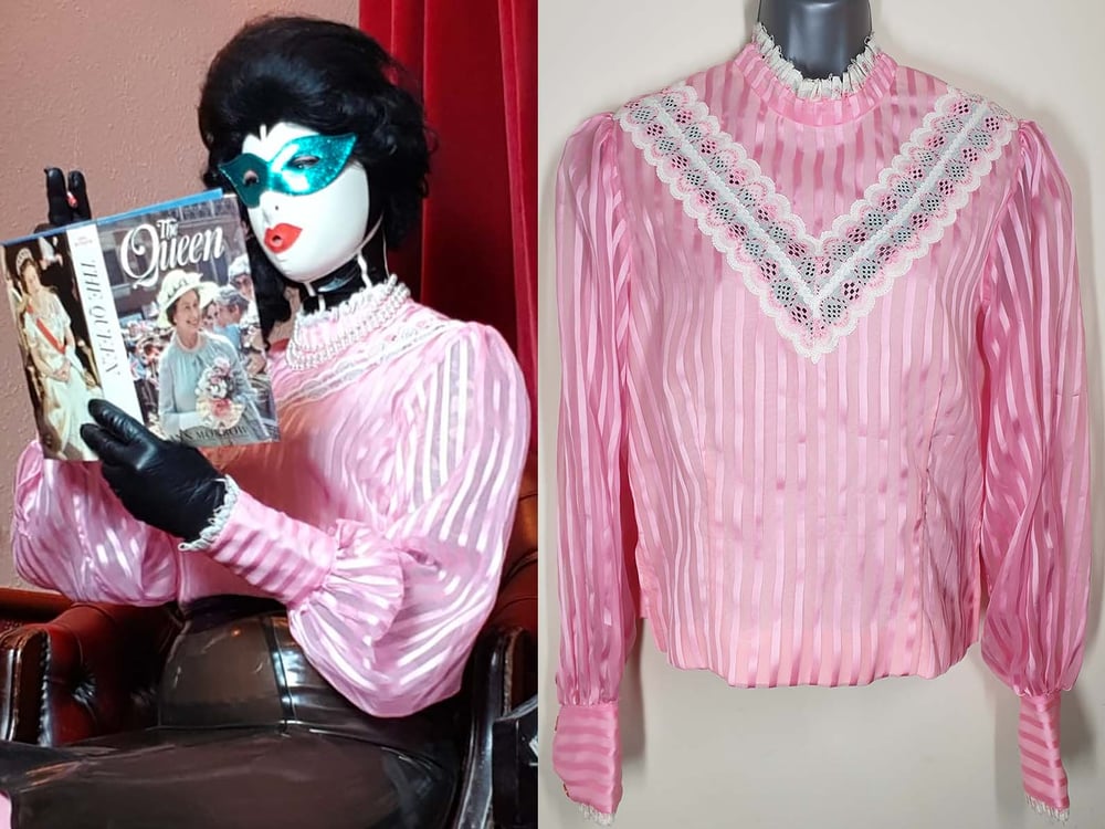 Vintage 1980's Pink Striped Victorian Prairie Cottagecore Blouse with High Collar & Lace Trim