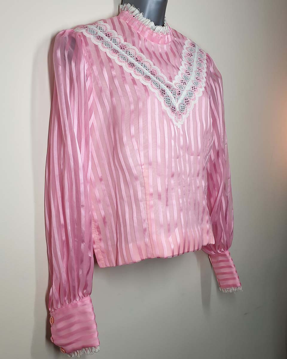 Vintage 1980's Pink Striped Victorian Prairie Cottagecore Blouse with High Collar & Lace Trim
