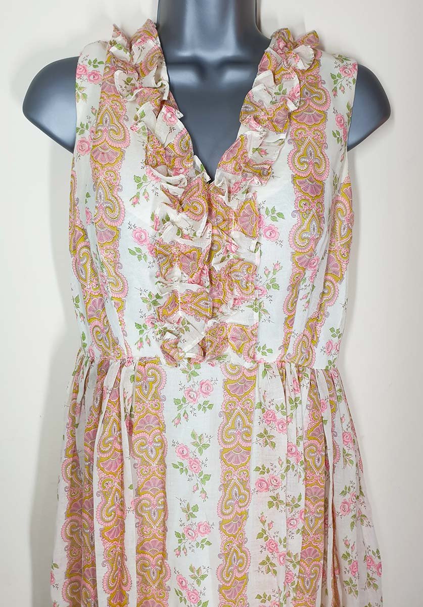 Vintage 1970's Pastel Paisley Empire Waist Regency Style Maxi Dress With Neck Ruffles