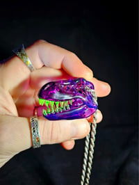 Image 2 of Gold purple T-Rex skull pendant with illuminati teeth 