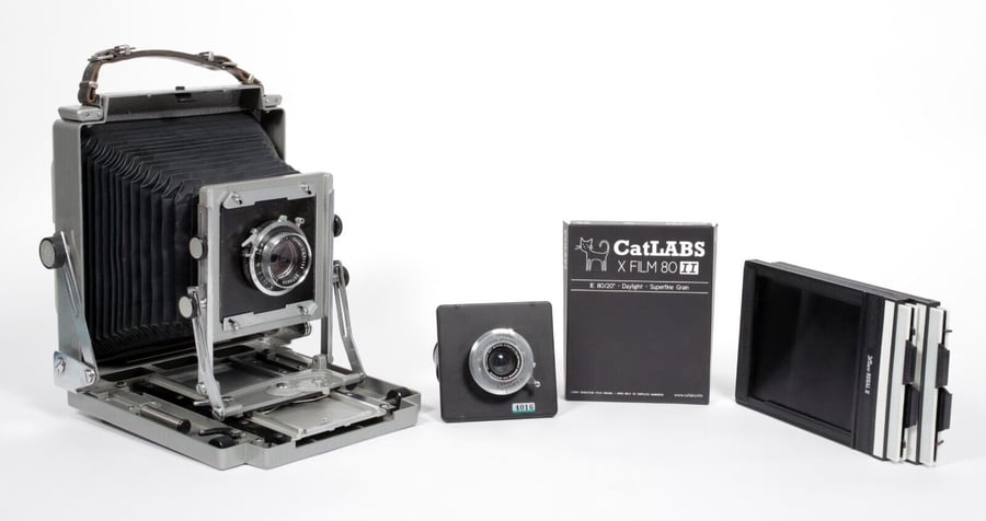 Image of Toyo 4X5 metal field camera with 135mm + 90mm lenses + holders + Fresh Film