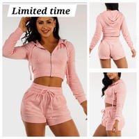 Terry Zip Up Cropped Hoodie & Shorts Neon Pink (2 PCE SET)