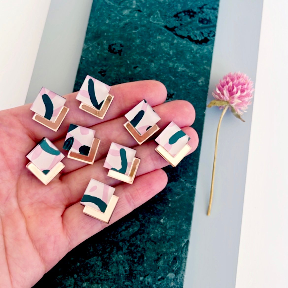 Image of 'Blush Vines' (hand painted) Deco Diamond Studs