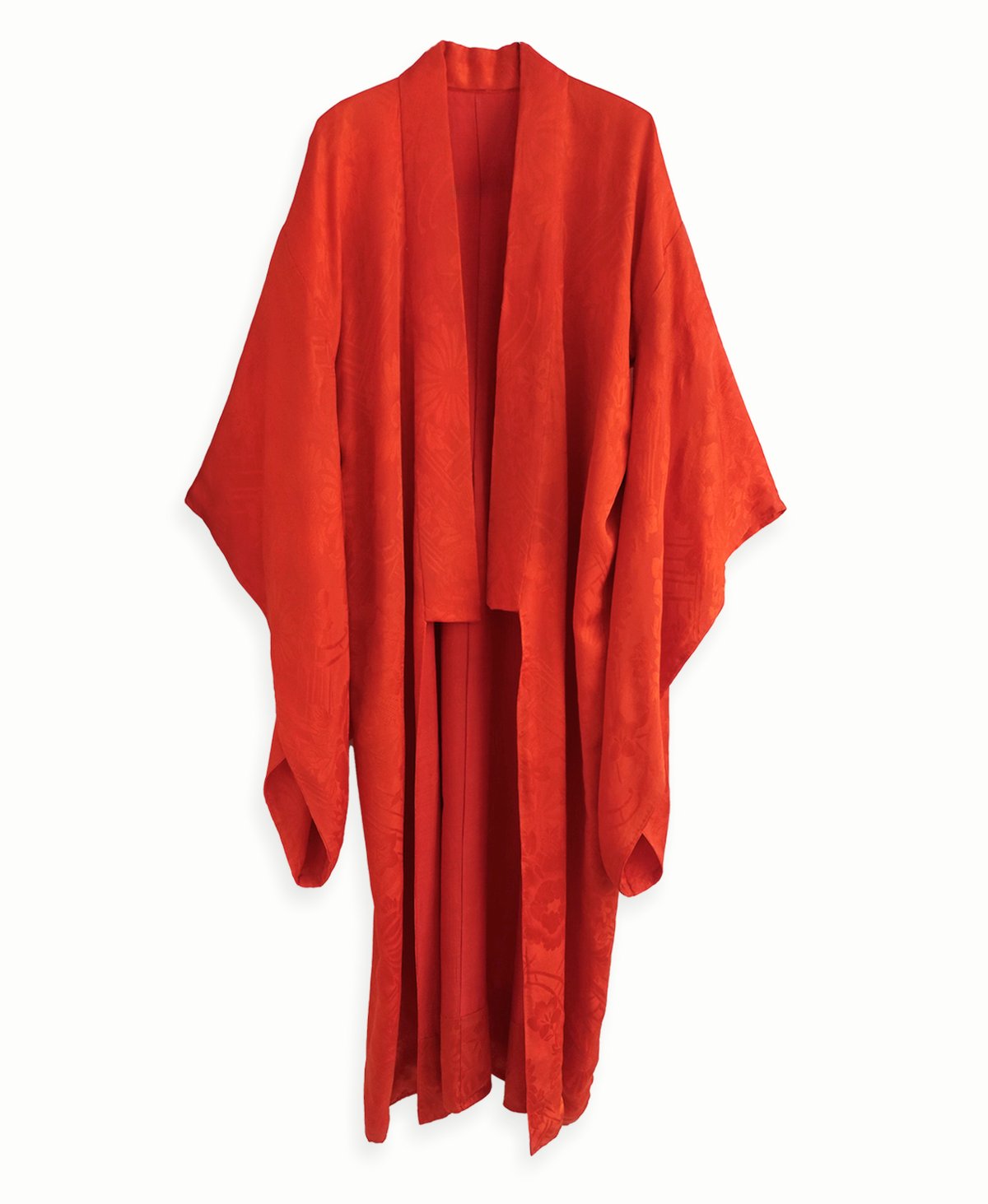 Image of Rød kimono af silke med damaskvævede solsikker