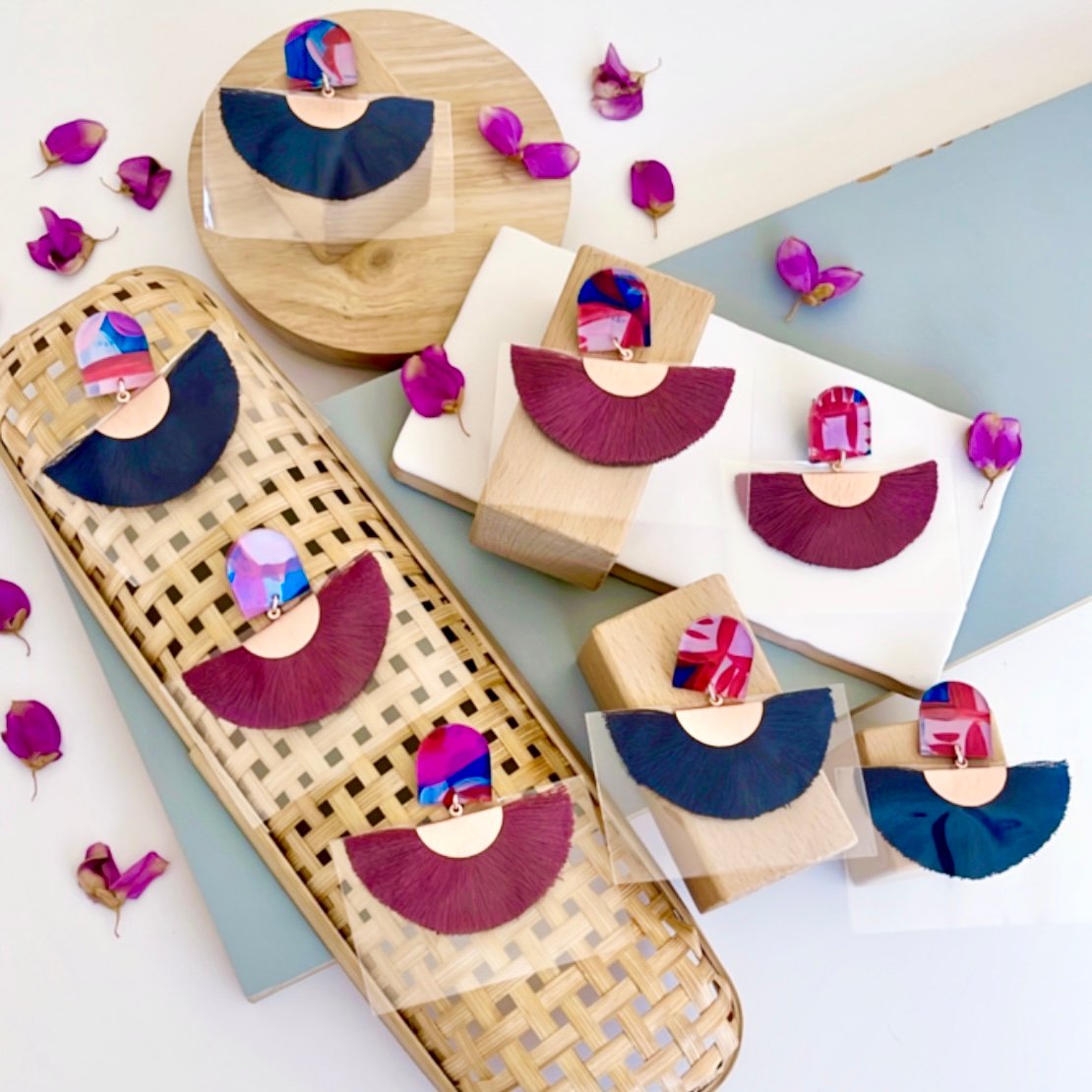 Image of SALE ~ 'Night Garden' (hand painted) Fan Tassel Dangles