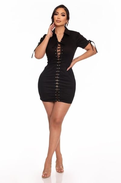 Image of 3PACK LACE LAPEL COLLARD MINI DRESS-BLACK