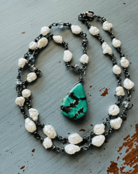 Image 1 of flash sale . funky pearl and rutilated quartz necklace with Tibetan turquoise pendant