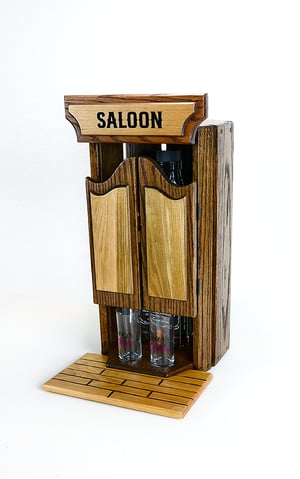 Image of Oak Whiskey Bourbon Caddy for countertop, with two glass shot glasses, Whiskey Lover, Unique Gift