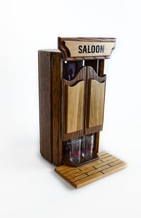 Image 1 of Oak Whiskey Bourbon Caddy for countertop, with two glass shot glasses, Whiskey Lover, Unique Gift