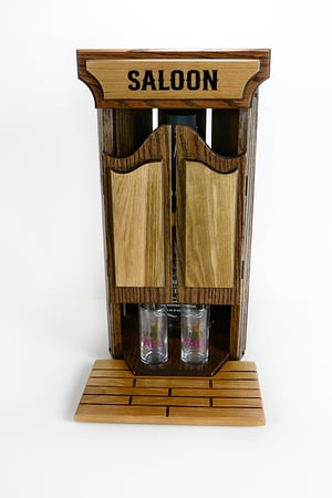 Image of Oak Whiskey Bourbon Caddy for countertop, with two glass shot glasses, Whiskey Lover, Unique Gift