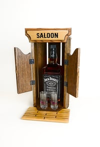 Image 4 of Oak Whiskey Bourbon Caddy for countertop, with two glass shot glasses, Whiskey Lover, Unique Gift