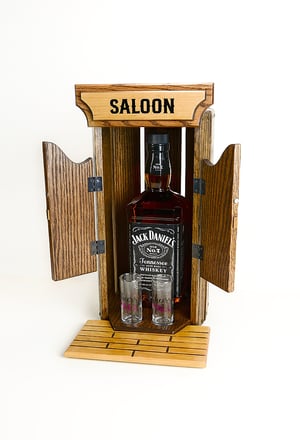 Image of Oak Whiskey Bourbon Caddy for countertop, with two glass shot glasses, Whiskey Lover, Unique Gift