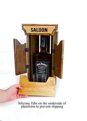 Image of Oak Whiskey Bourbon Caddy for countertop, with two glass shot glasses, Whiskey Lover, Unique Gift