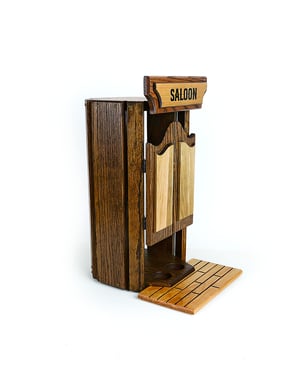 Image of Oak Whiskey Bourbon Caddy for countertop, with two glass shot glasses, Whiskey Lover, Unique Gift