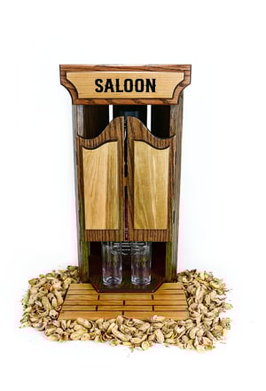 Image of Oak Whiskey Bourbon Caddy for countertop, with two glass shot glasses, Whiskey Lover, Unique Gift