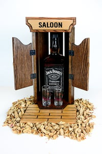 Image 10 of Oak Whiskey Bourbon Caddy for countertop, with two glass shot glasses, Whiskey Lover, Unique Gift
