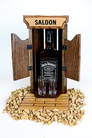 Image of Oak Whiskey Bourbon Caddy for countertop, with two glass shot glasses, Whiskey Lover, Unique Gift