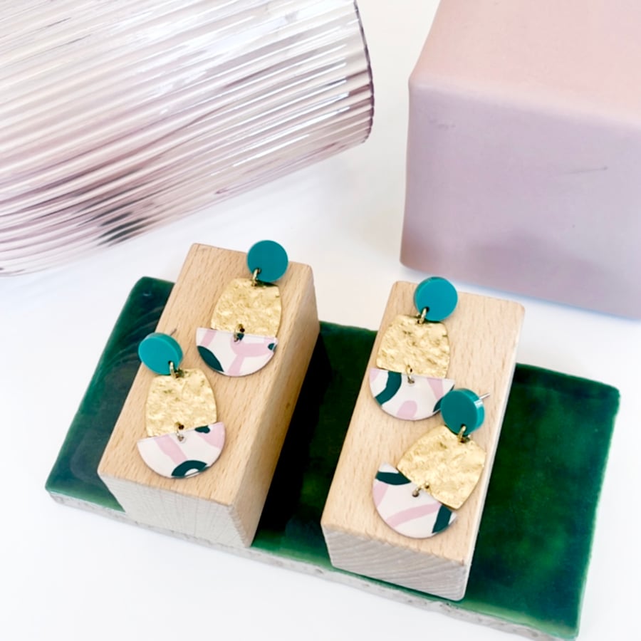 Image of SALE ~ 'Blush Vines' (hand painted) Brass Shapes Dangles