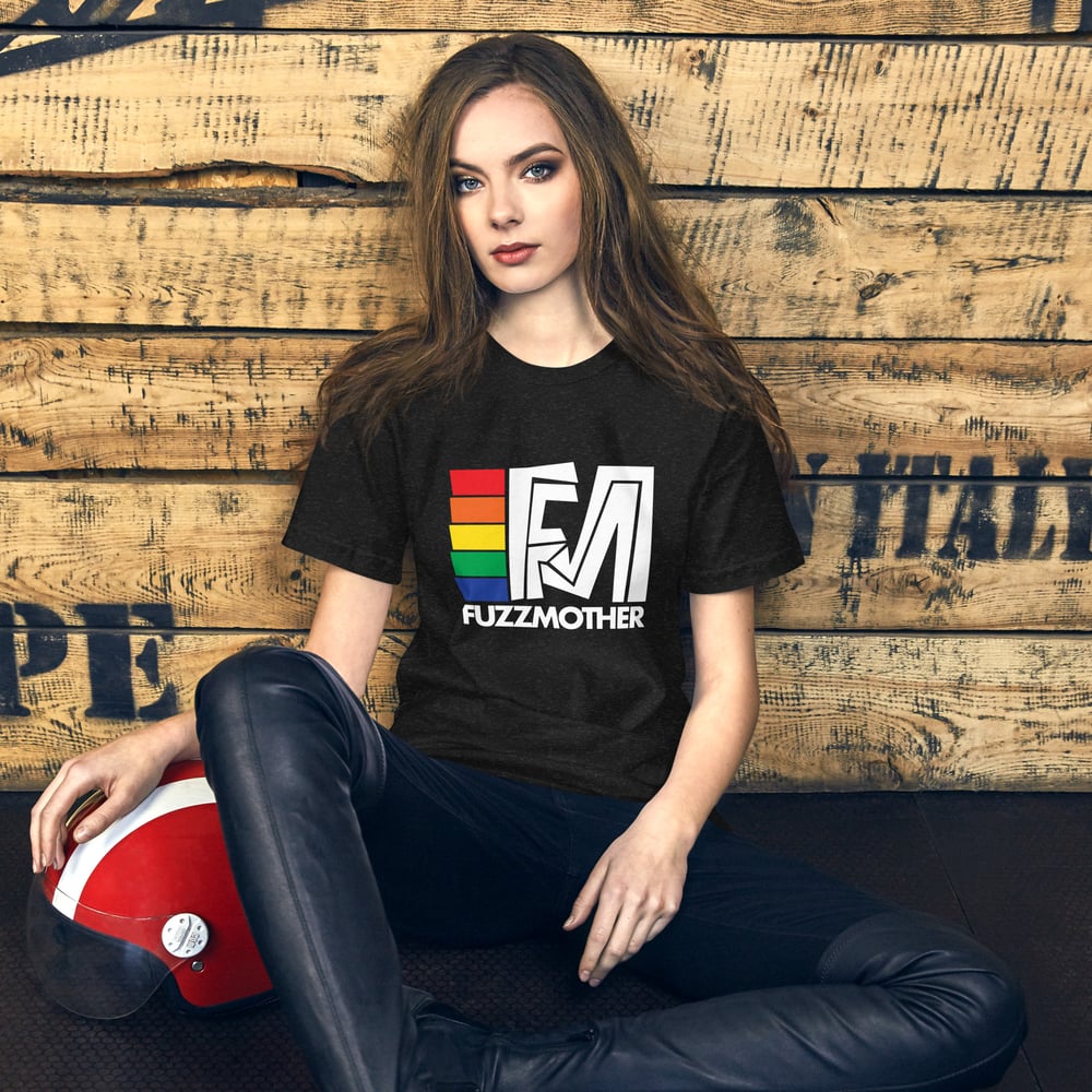 Image of Fuzzmother guitar pedal brand rainbow logo t-shirt