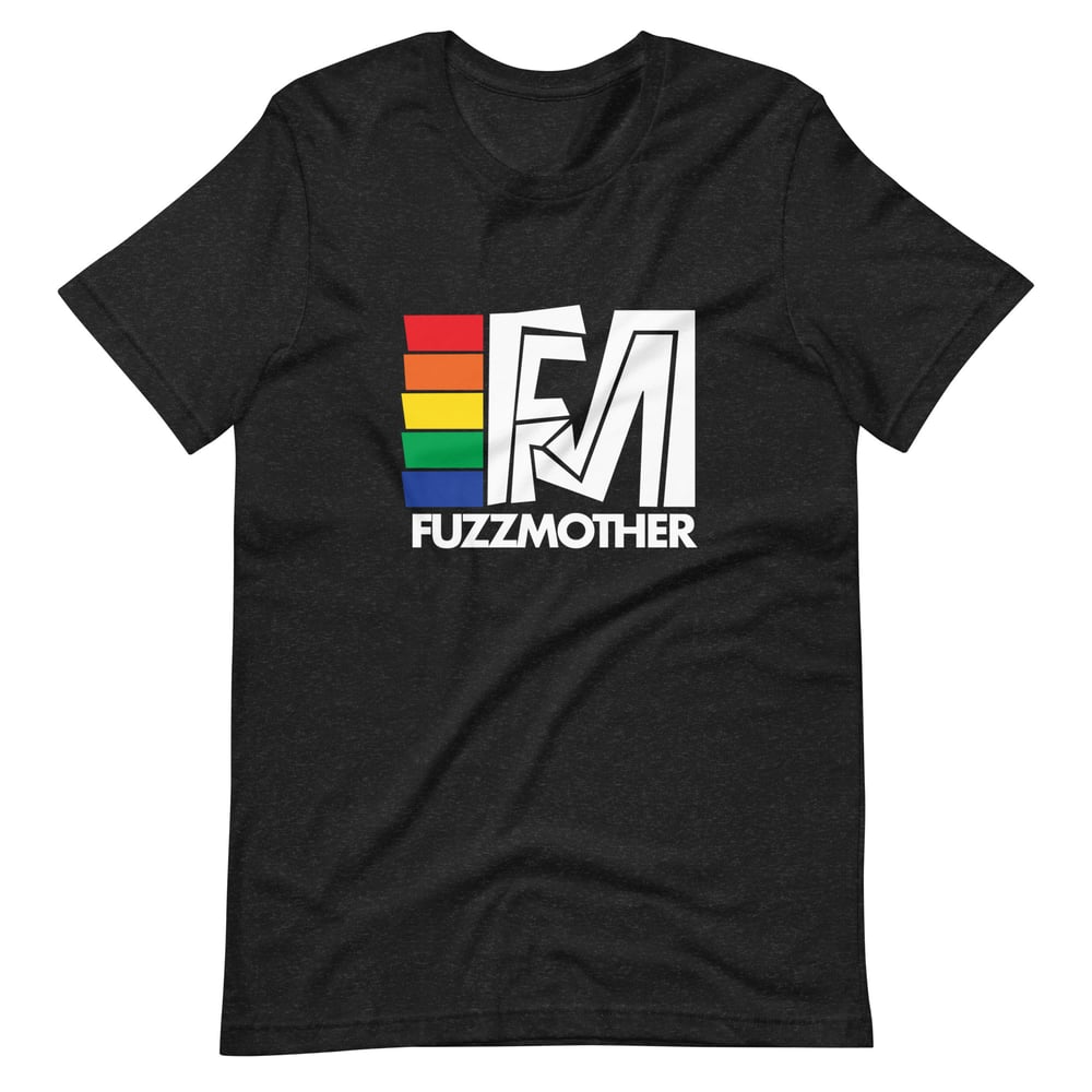 Image of Fuzzmother guitar pedal brand rainbow logo t-shirt