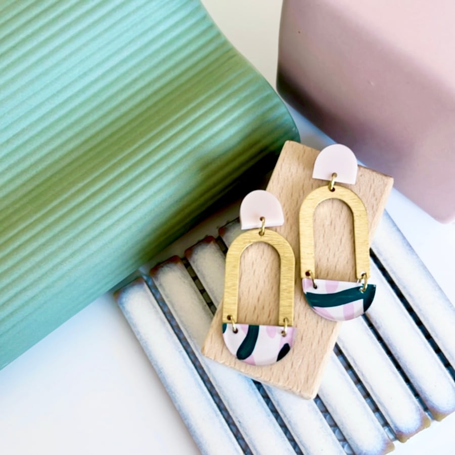 Image of SALE ~ 'Blush Vines' (hand painted) Brass Arch Dangle