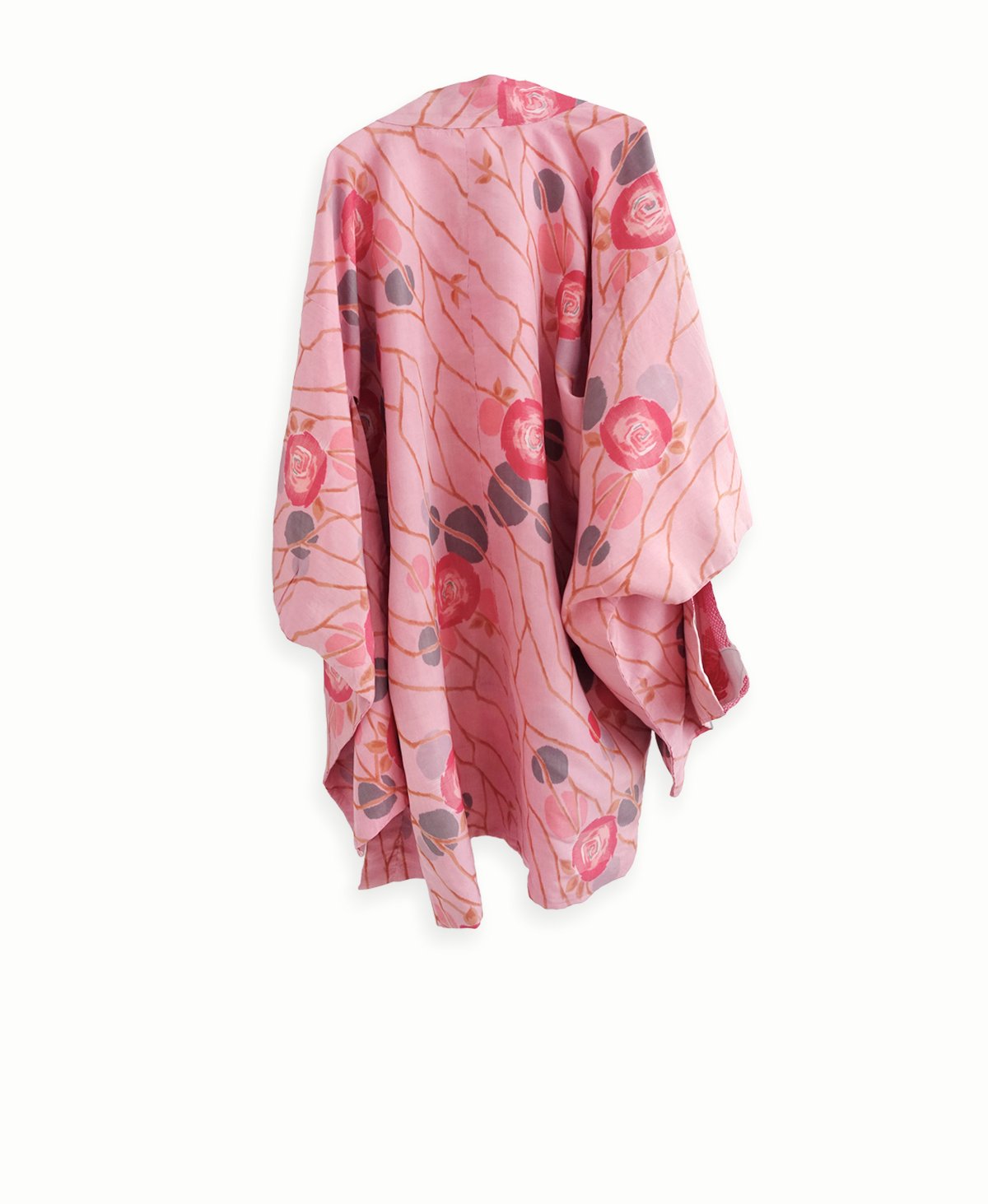 Image of Kort silke kimono dame i rosa farver med roser