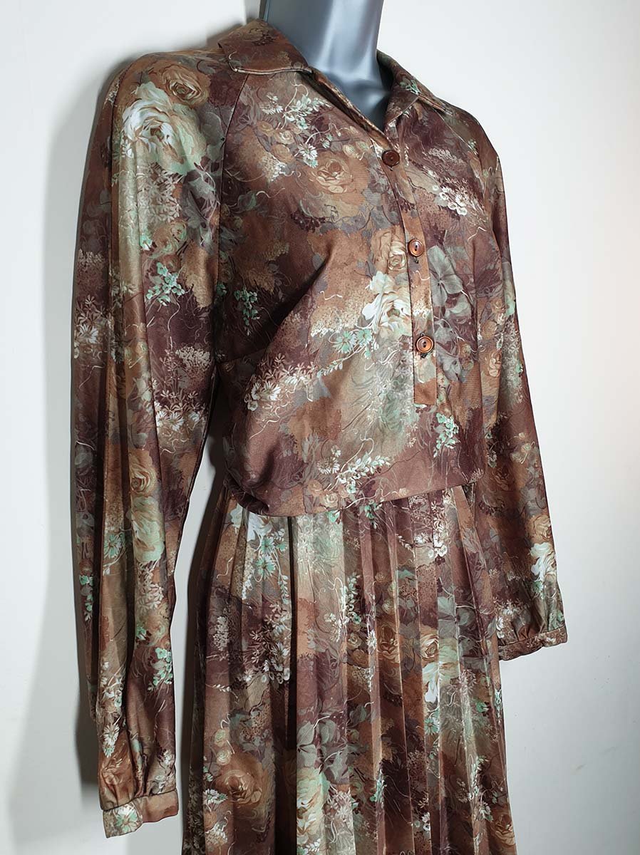 Vintage 1970's Abstract Floral Print Pleated Skirt Polyester Dress