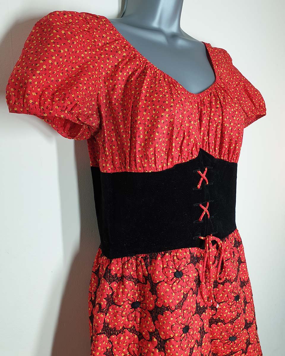Vintage 1960's I.Magnin Peasant Dress With Velvet Faux Corset Detail & Quilted Skirt